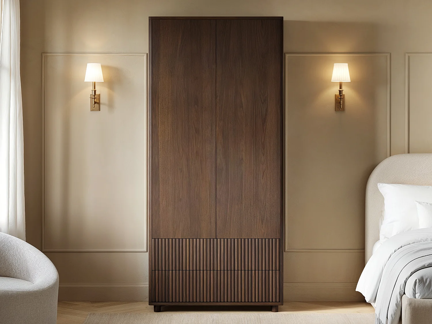 SOLACE+CO Velmor Ribbed Double Wardrobe with Drawers Walnut
