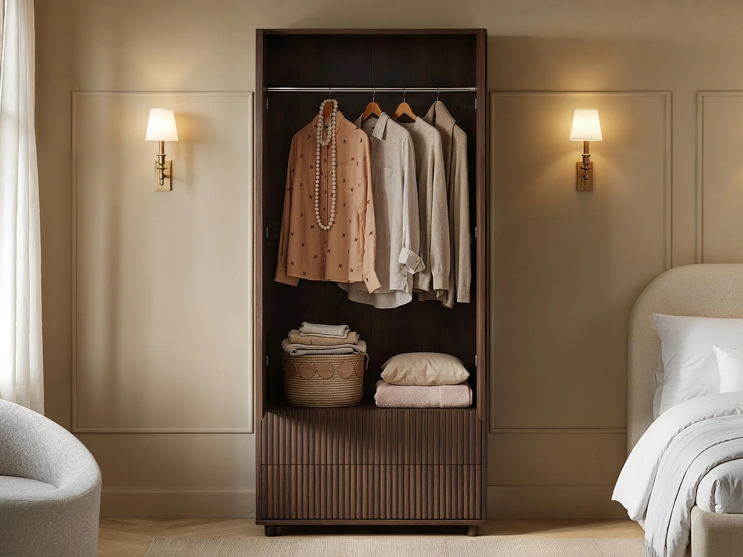 SOLACE+CO Velmor Ribbed Double Wardrobe with Drawers Walnut
