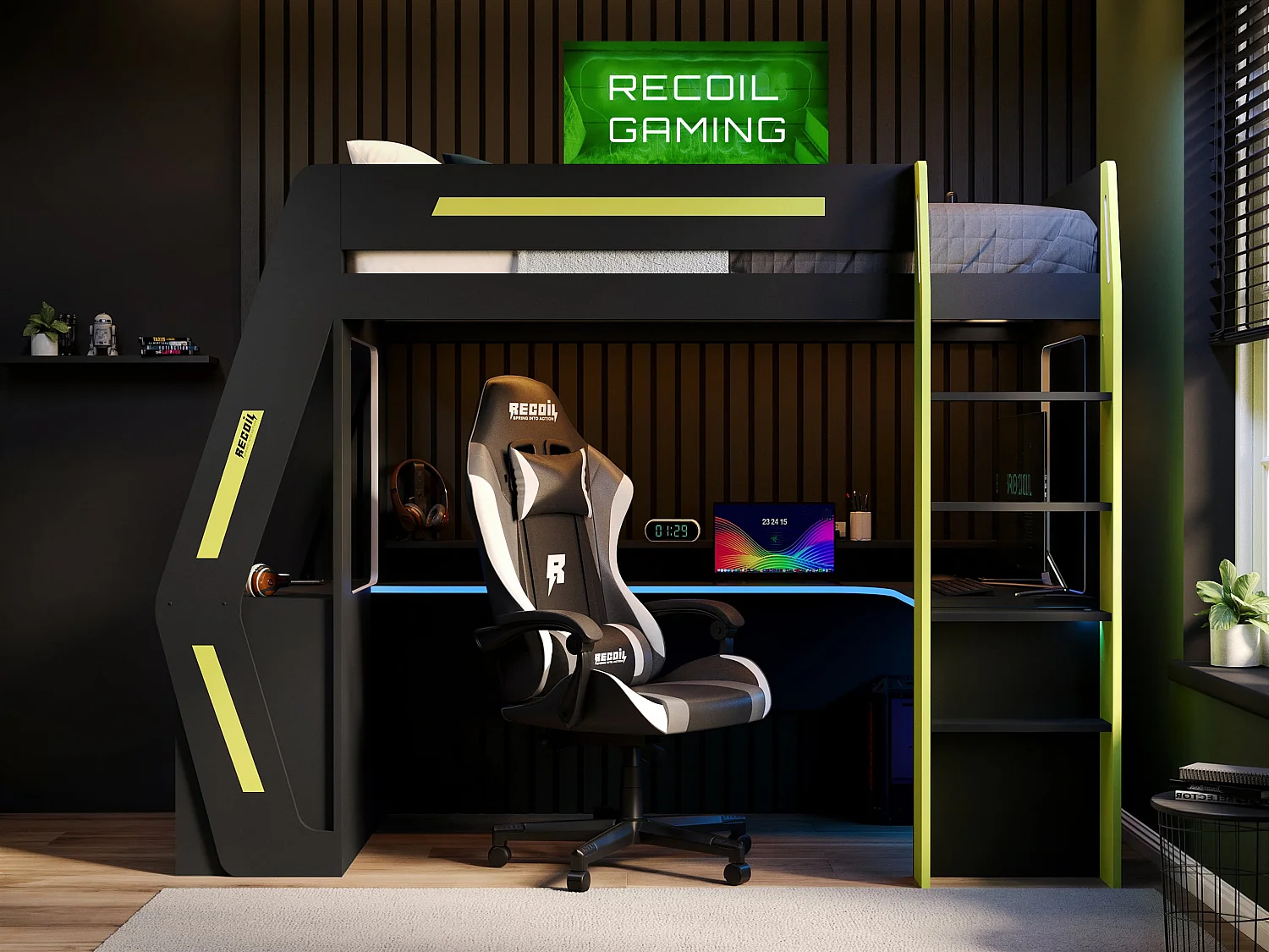 Recoil Alister Gaming High Sleeper with Desk & Storage Charcoal & Green