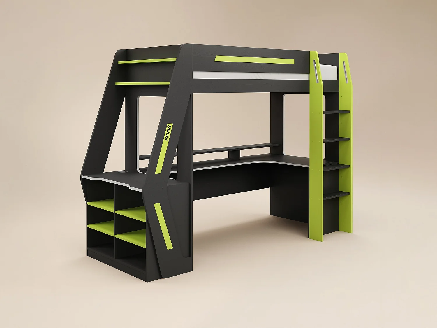 Recoil Alister Gaming High Sleeper with Desk & Storage Charcoal & Green