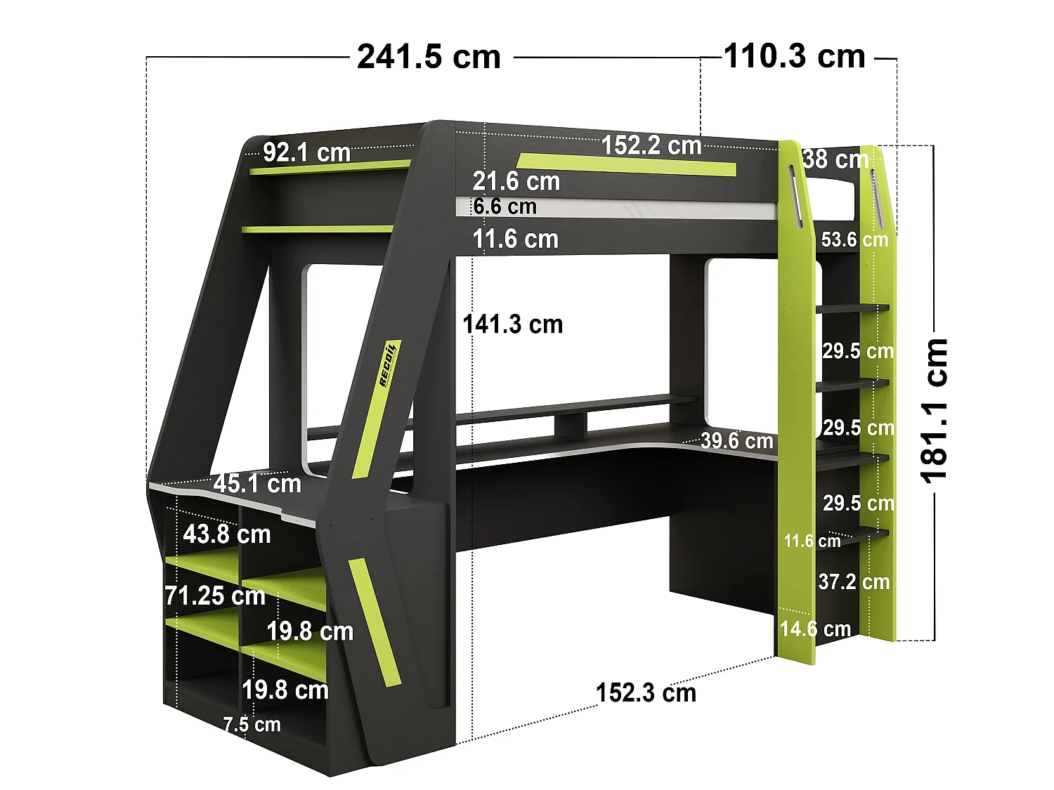 Recoil Alister Gaming High Sleeper with Desk & Storage Charcoal & Green
