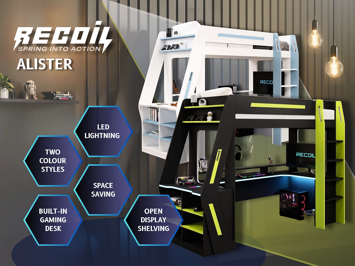 Recoil Alister Gaming High Sleeper with Desk & Storage Charcoal & Green