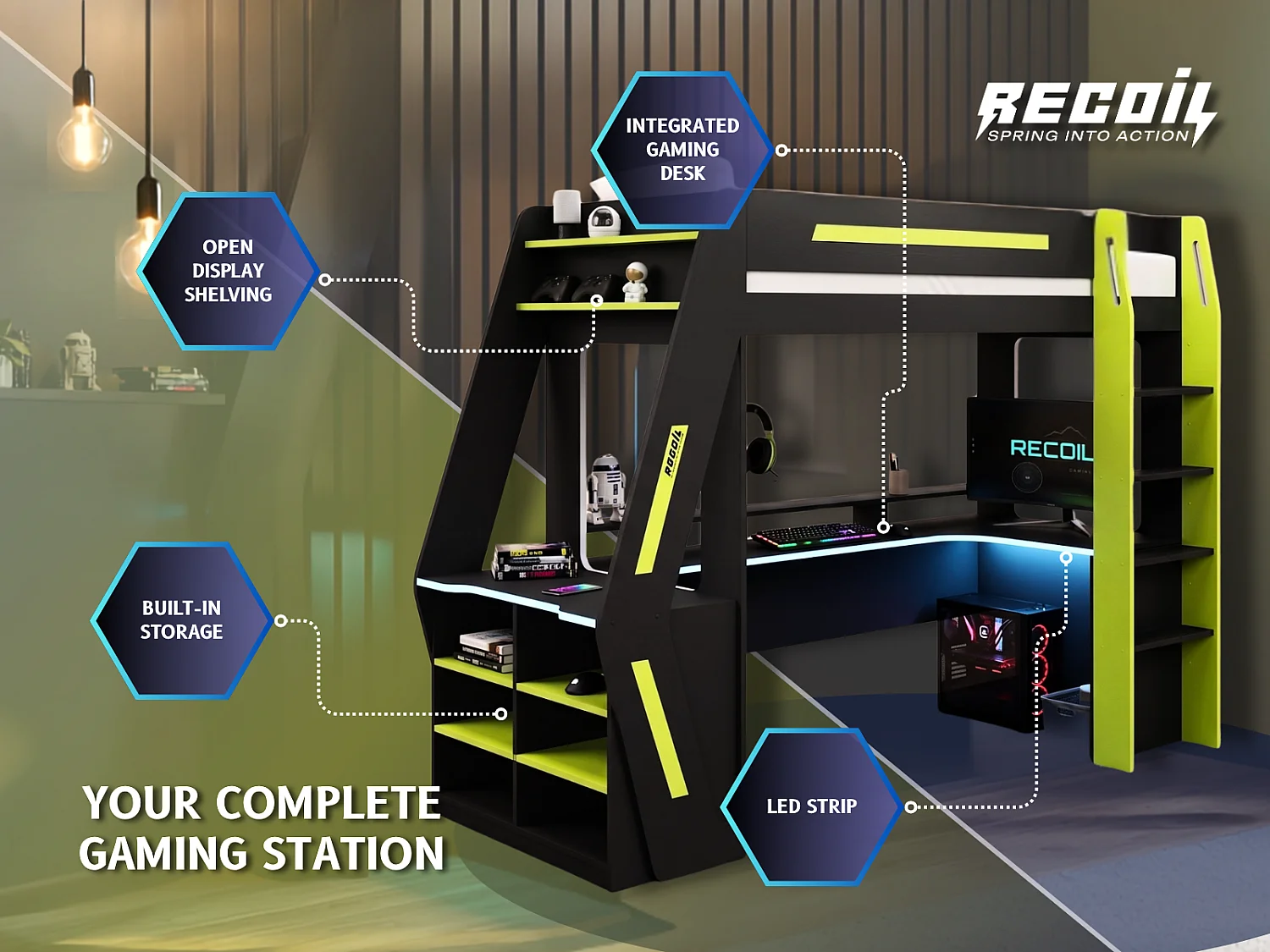Recoil Alister Gaming High Sleeper with Desk & Storage Charcoal & Green