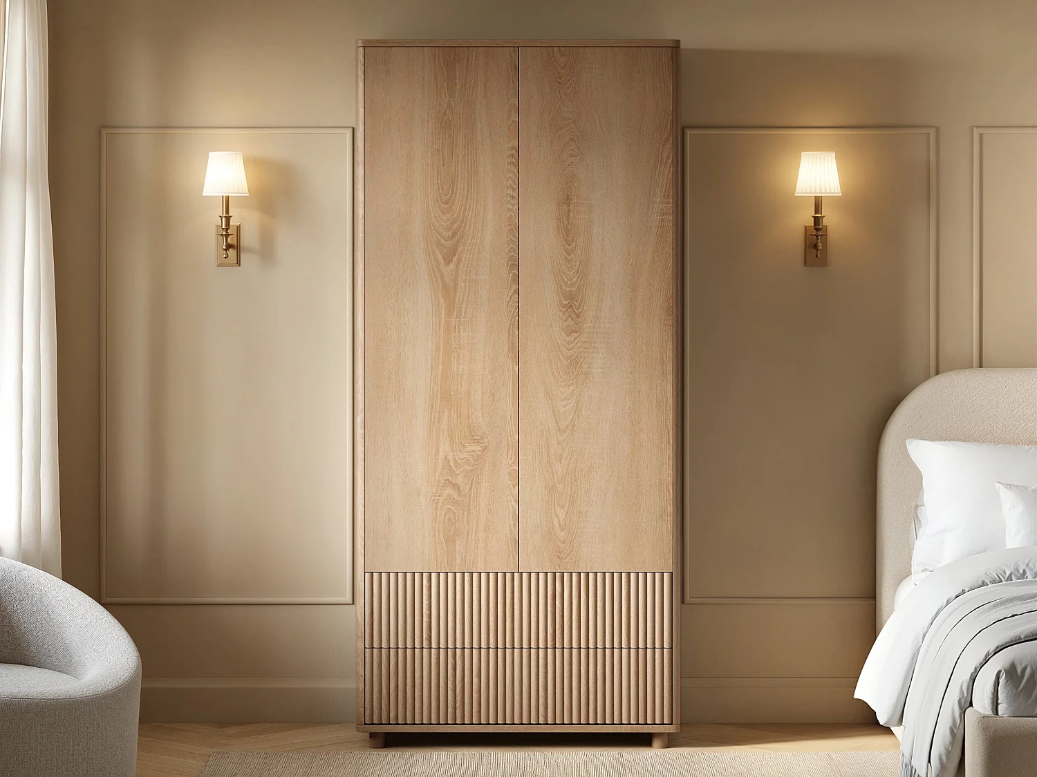 SOLACE+CO Velmor Ribbed Double Wardrobe with Drawers Oak