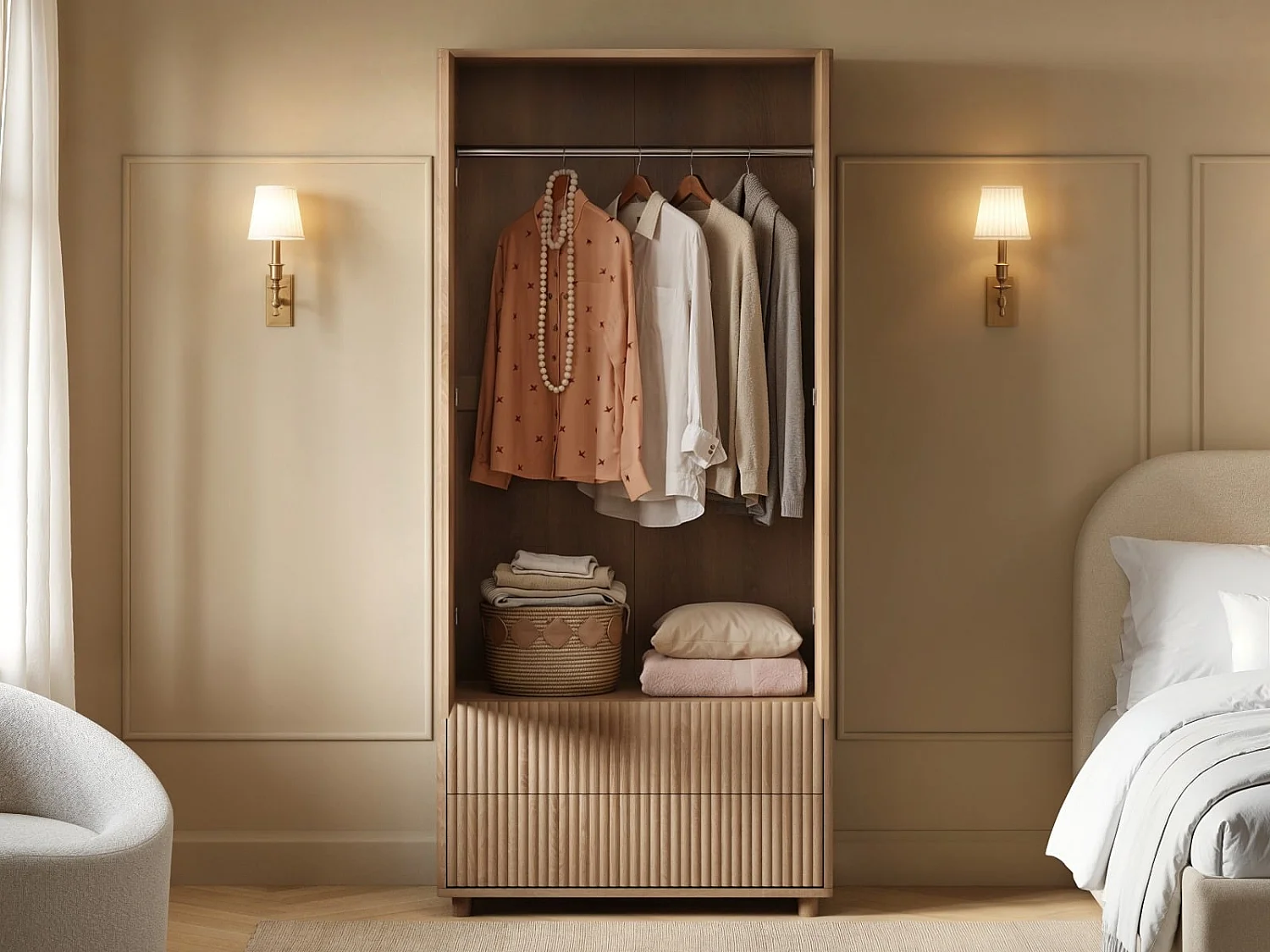 SOLACE+CO Velmor Ribbed Double Wardrobe with Drawers Oak