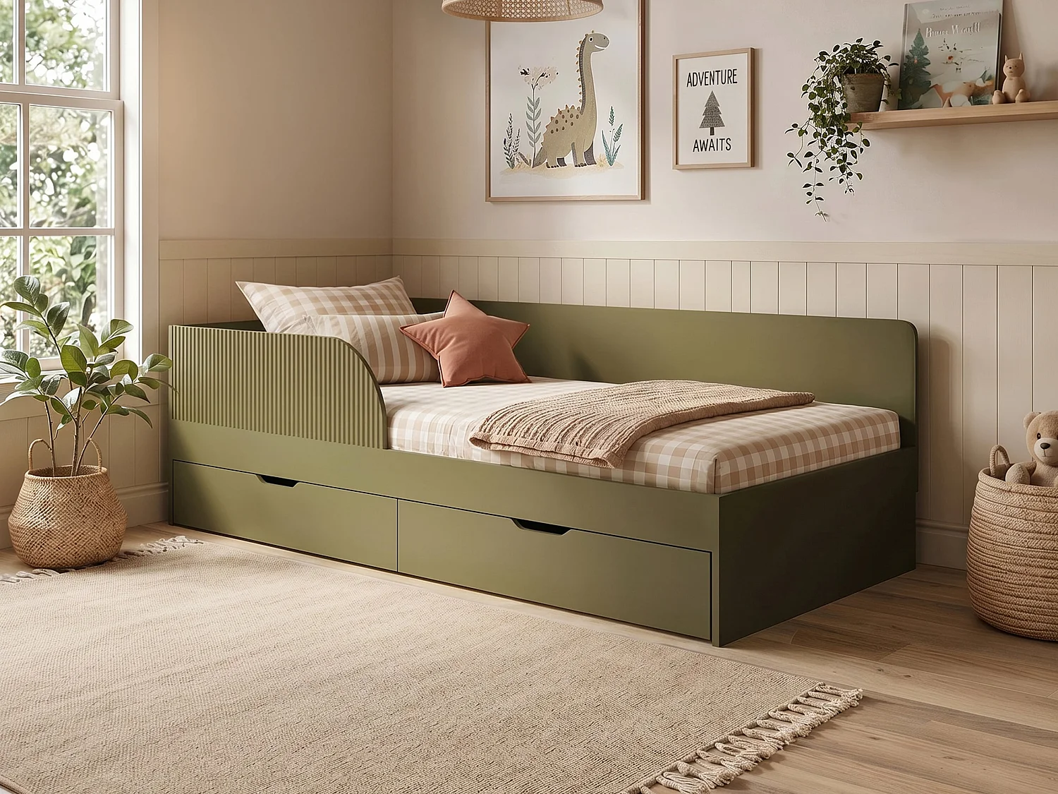 Flair Aris Single Montessori Bed with Storage Drawers Olive Green