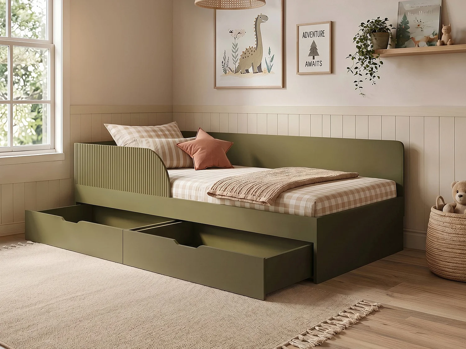 Flair Aris Single Montessori Bed with Storage Drawers Olive Green