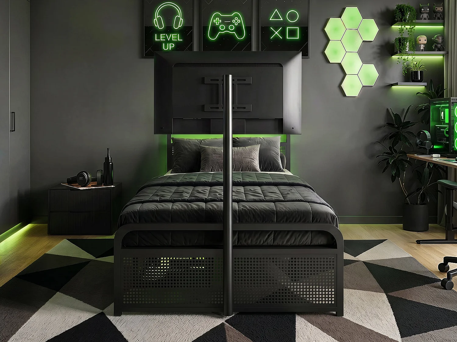 Recoil Panther Metal TV Bed with Storage and LED Headboard Black Metal Single