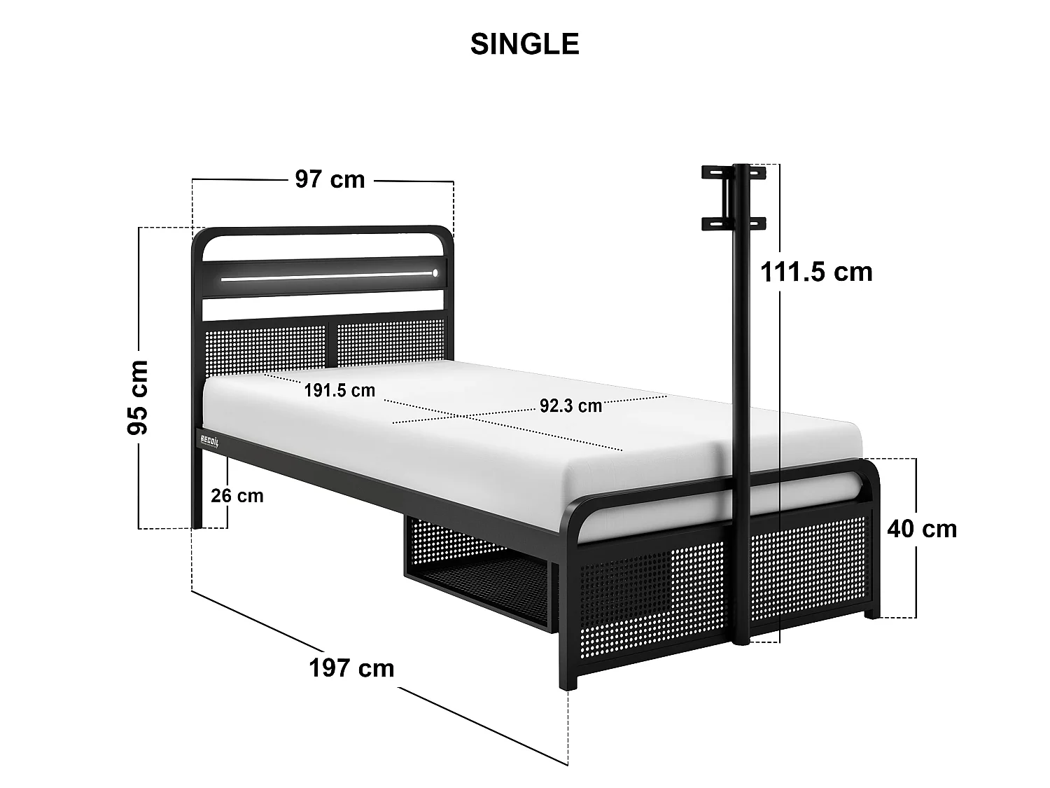 Recoil Panther Metal TV Bed with Storage and LED Headboard Black Metal Single
