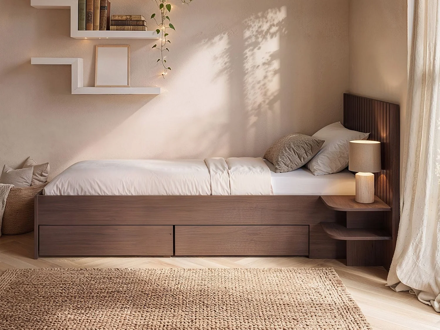 SOLACE+CO Taylor Single Bed Frame with Drawers & Integrated Bedside Table Walnut
