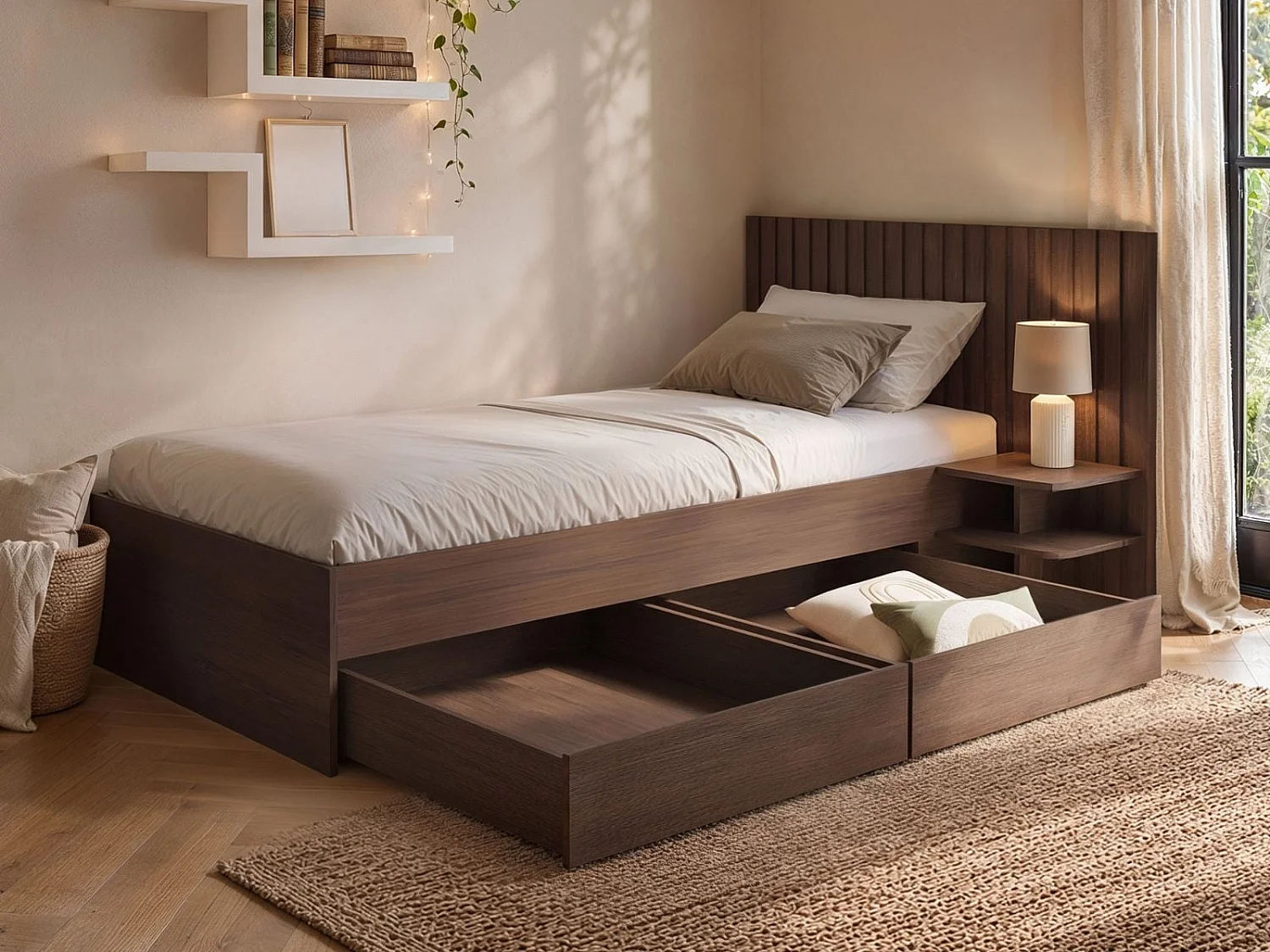 SOLACE+CO Taylor Single Bed Frame with Drawers & Integrated Bedside Table Walnut