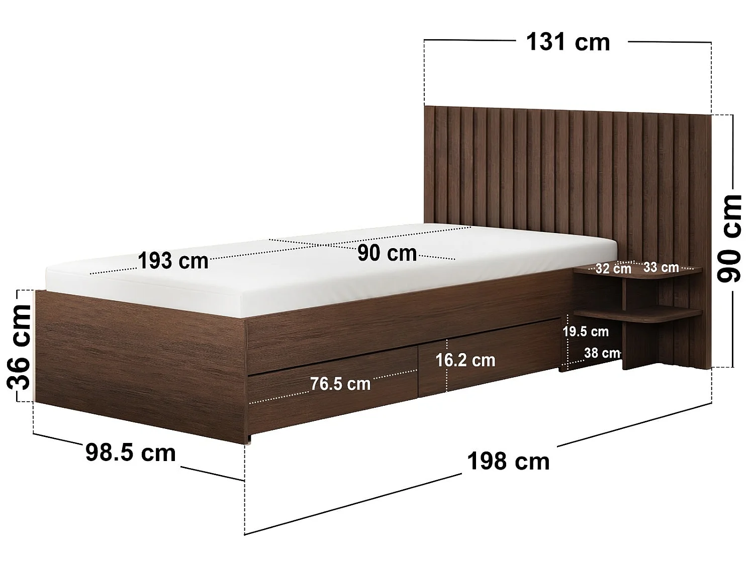 SOLACE+CO Taylor Single Bed Frame with Drawers & Integrated Bedside Table Walnut