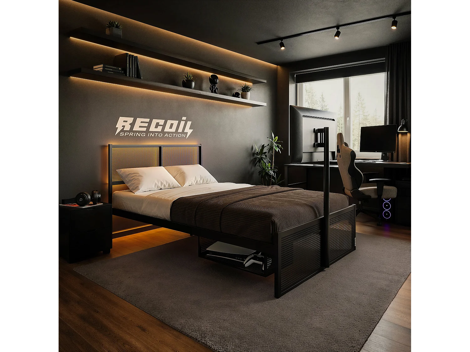 Recoil Kage Metal TV Bed with Storage & LED Black Small Double