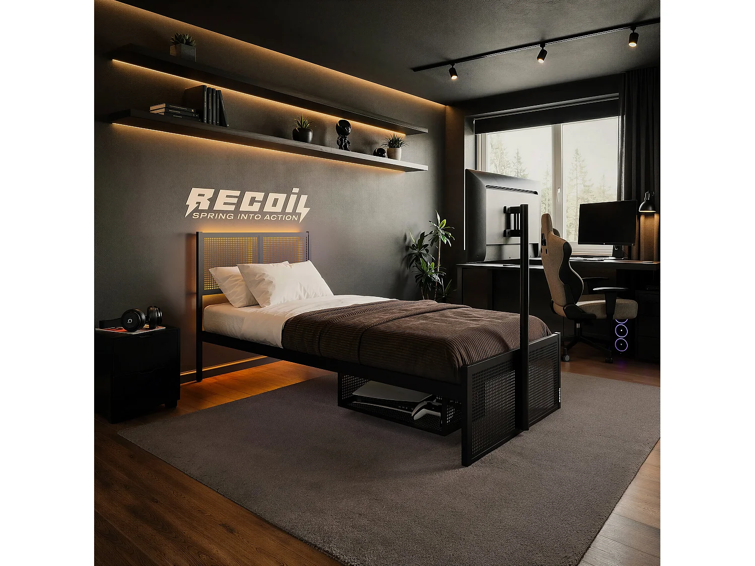 Recoil Kage Metal TV Bed with Storage & LED Black Single