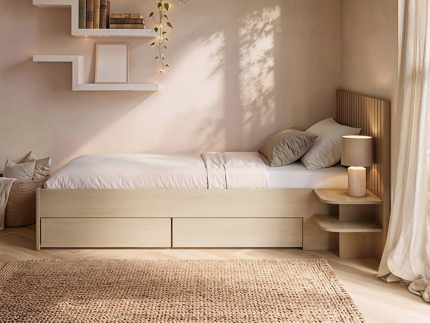 SOLACE+CO Taylor Single Bed Frame with Drawers & Integrated Bedside Table Oak