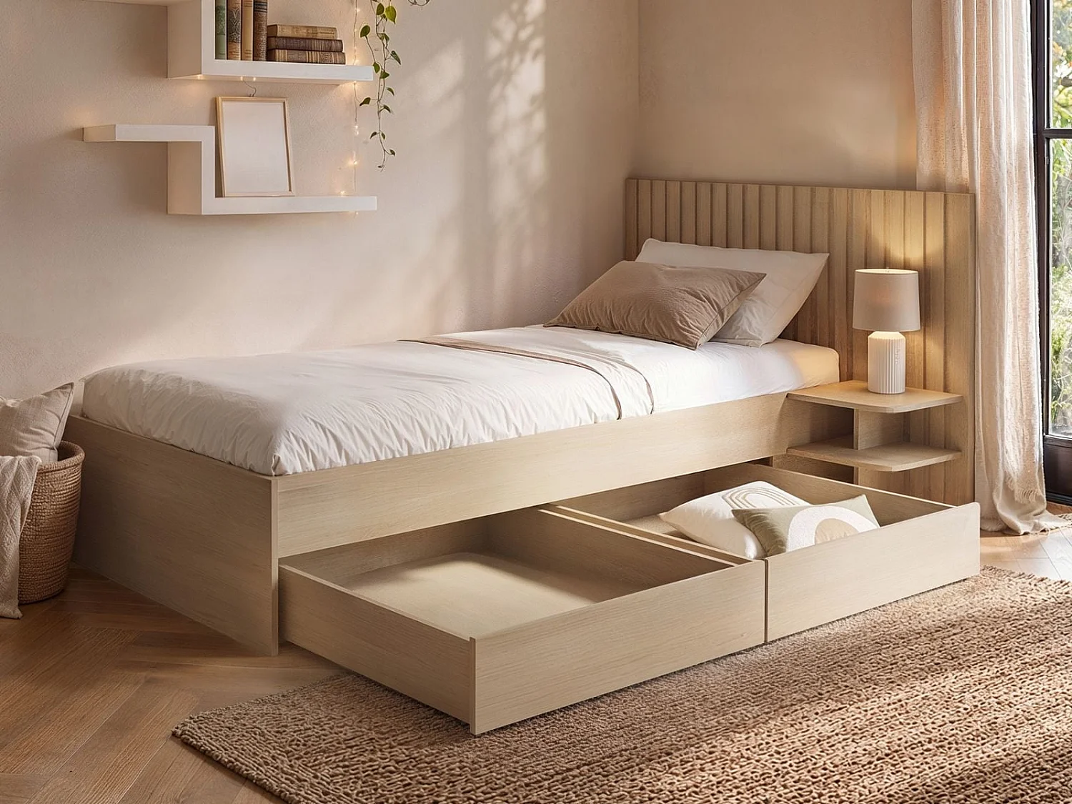 SOLACE+CO Taylor Single Bed Frame with Drawers & Integrated Bedside Table Oak