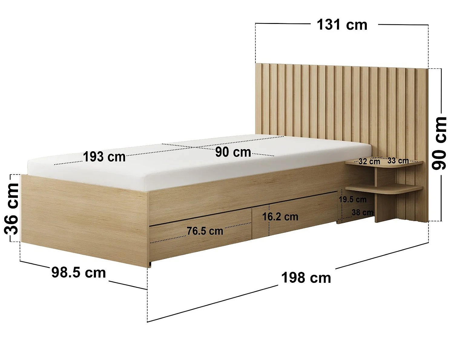 SOLACE+CO Taylor Single Bed Frame with Drawers & Integrated Bedside Table Oak