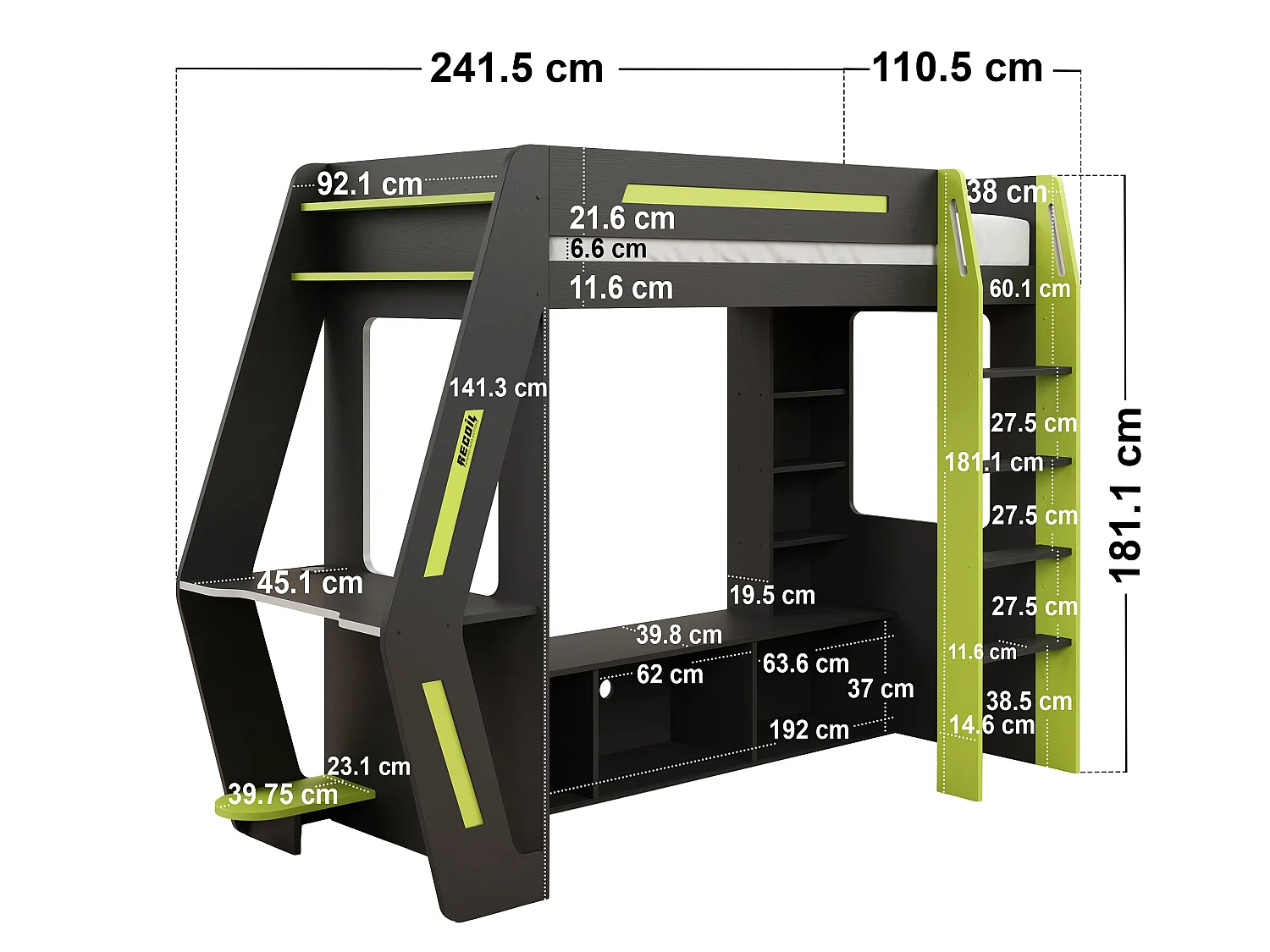 Recoil Alister Gaming High Sleeper with Desk & TV Stand Charcoal & Green