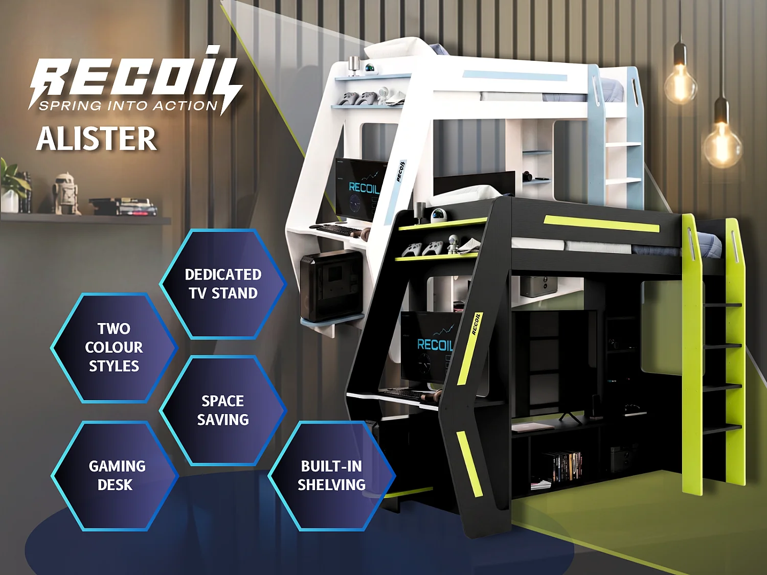 Recoil Alister Gaming High Sleeper with Desk & TV Stand Charcoal & Green