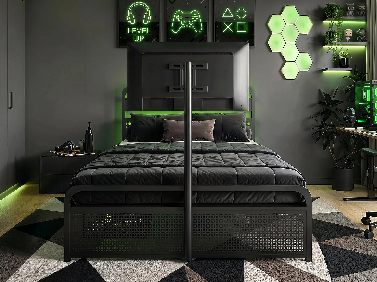 Recoil Panther Metal TV Bed with Storage and LED Headboard Black Metal Small Double