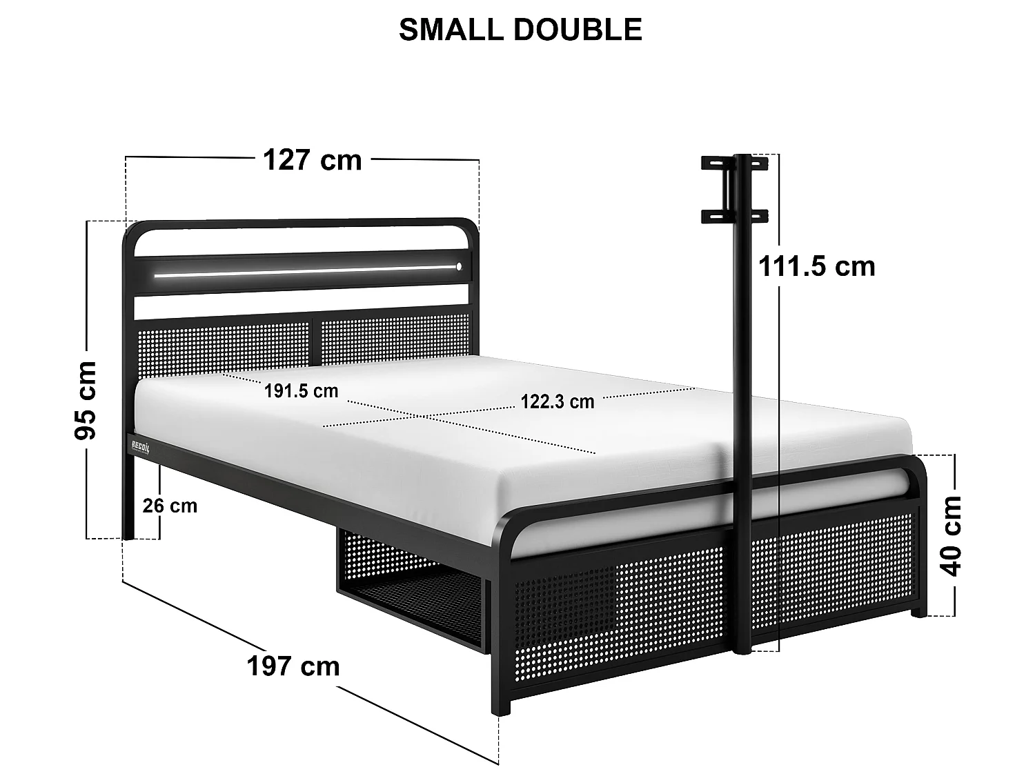 Recoil Panther Metal TV Bed with Storage and LED Headboard Black Metal Small Double