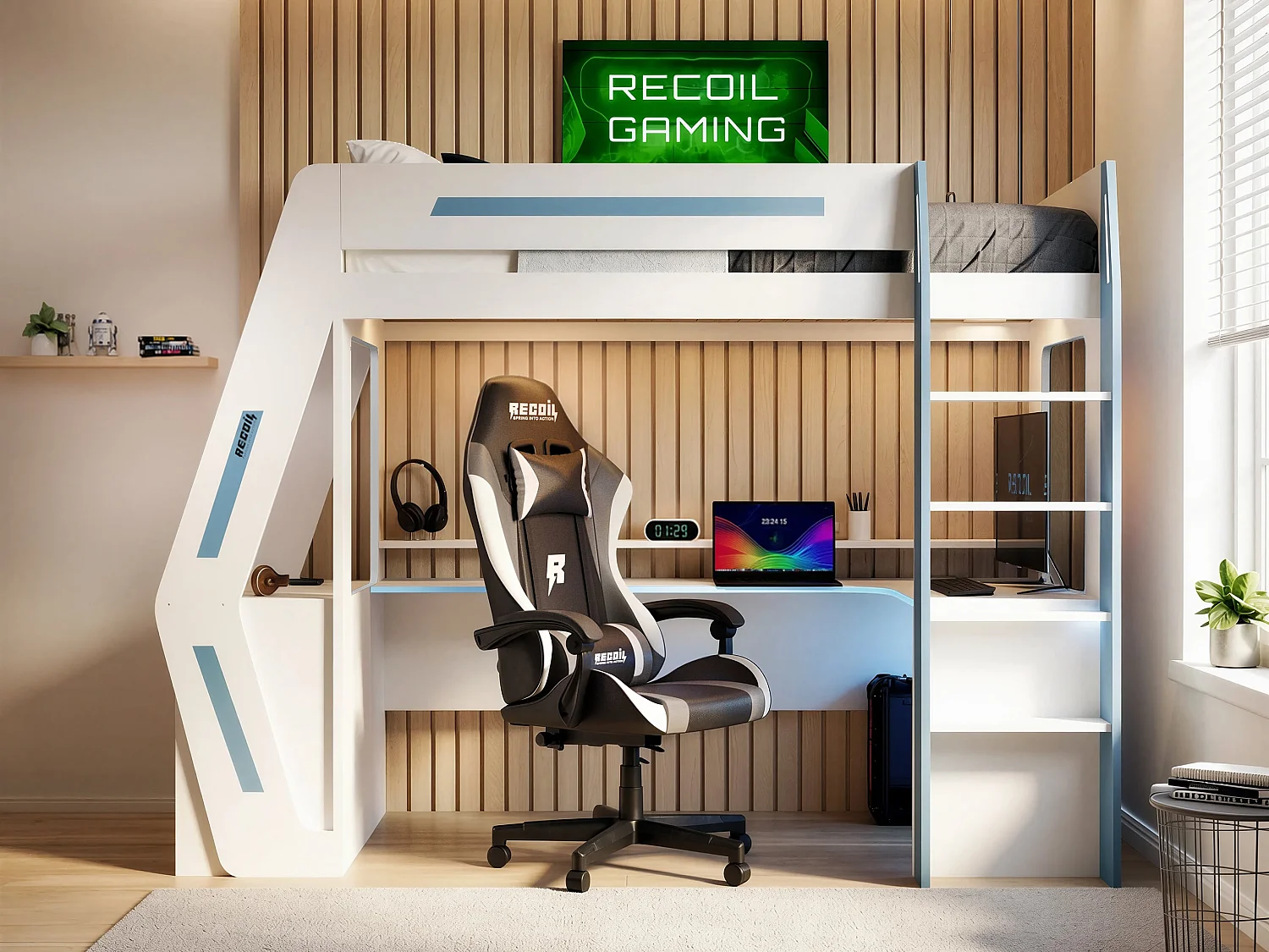 Recoil Alister Gaming High Sleeper with Desk & Storage White & Blue
