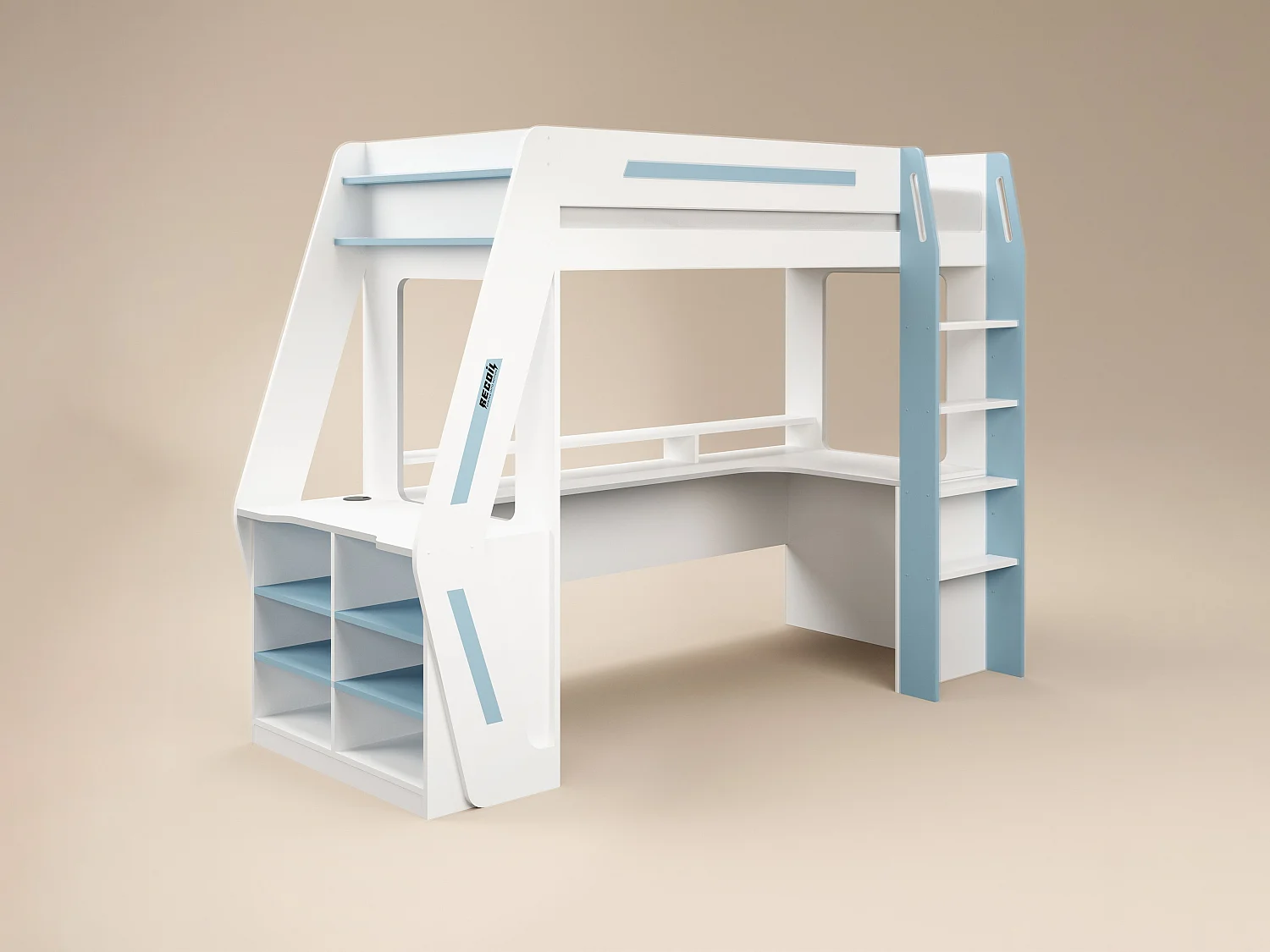 Recoil Alister Gaming High Sleeper with Desk & Storage White & Blue