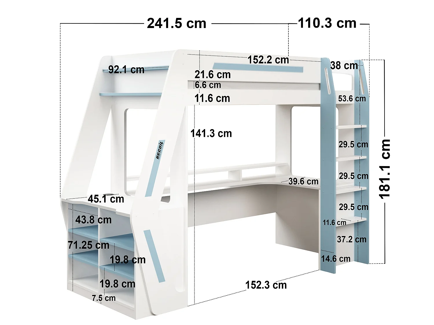 Recoil Alister Gaming High Sleeper with Desk & Storage White & Blue