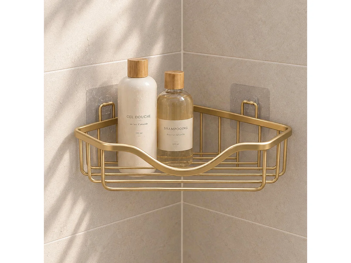 Panier de Douche Angle Adhésif "Filaire" 30cm Or