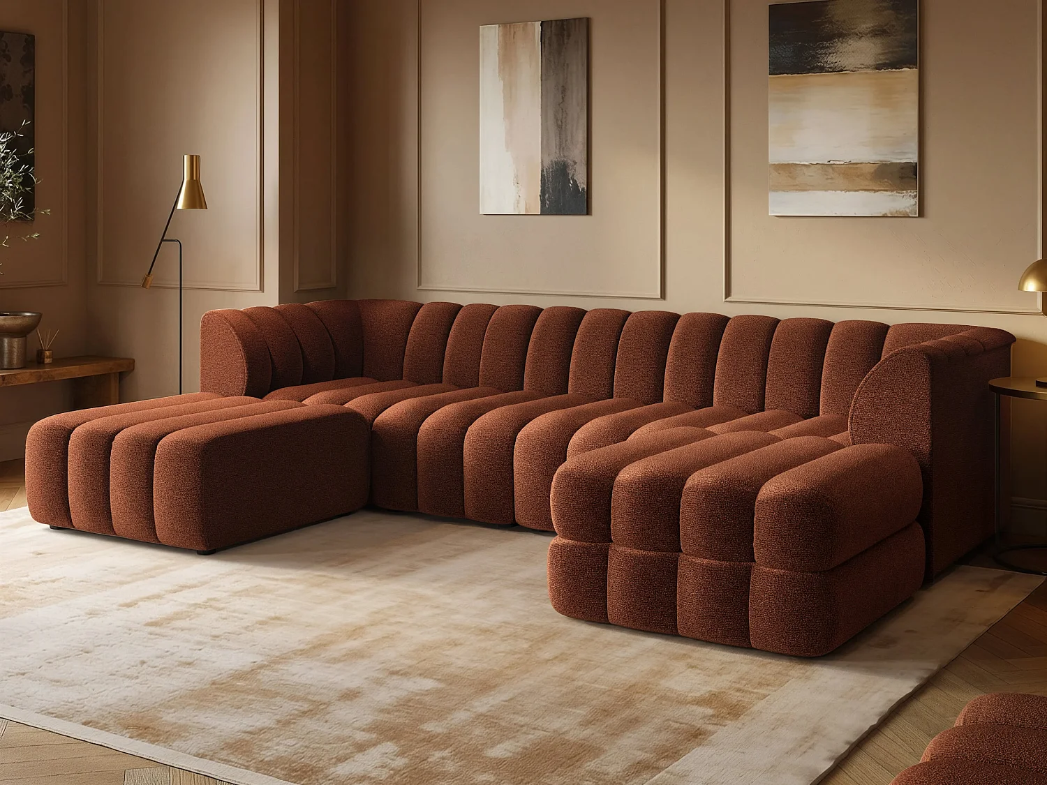 SOLACE+CO Halle Channel Tufted U Shaped Modular Sofa with Storage Footstool Burnt Orange Chenille