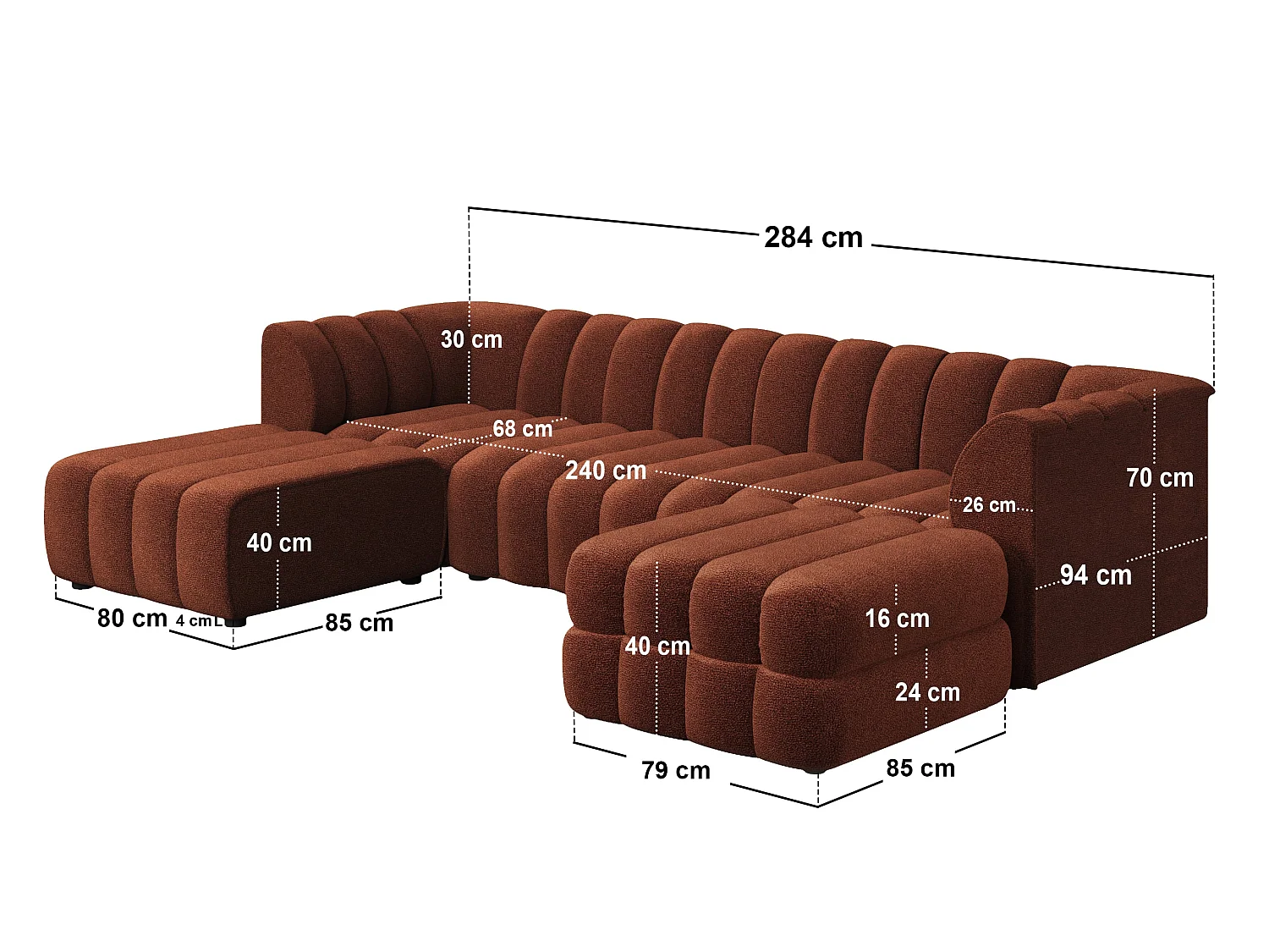 SOLACE+CO Halle Channel Tufted U Shaped Modular Sofa with Storage Footstool Burnt Orange Chenille