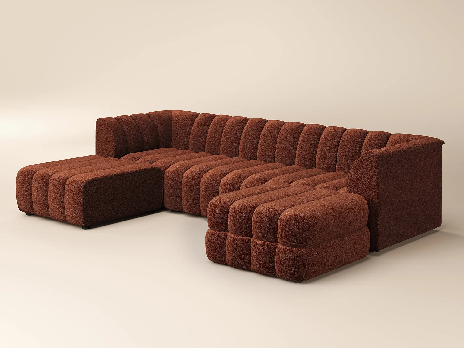 SOLACE+CO Halle Channel Tufted U Shaped Modular Sofa with Storage Footstool Burnt Orange Chenille