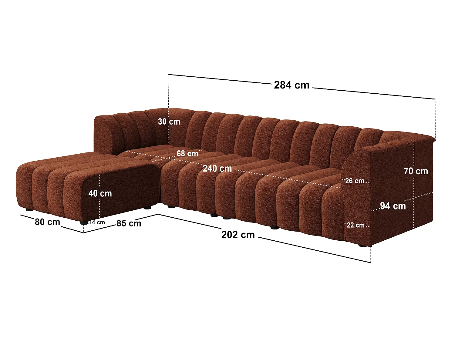 SOLACE+CO Halle 4 Seater Modular Sofa with Reversible Footstool Burnt Orange Chenille