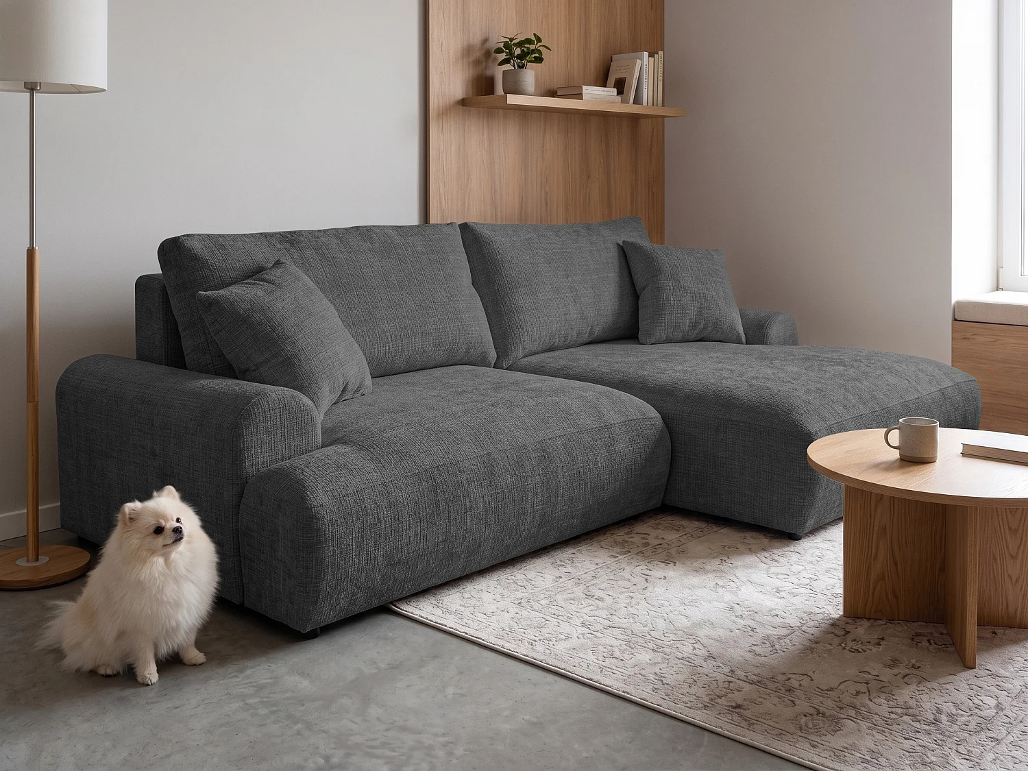 Élégant canapé d’angle avec fonction couchage et coffre de rangement, au style Japandi, en tissu chenille doux MELVANO