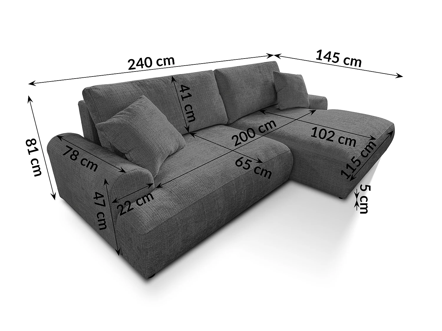 Élégant canapé d’angle avec fonction couchage et coffre de rangement, au style Japandi, en tissu chenille doux MELVANO