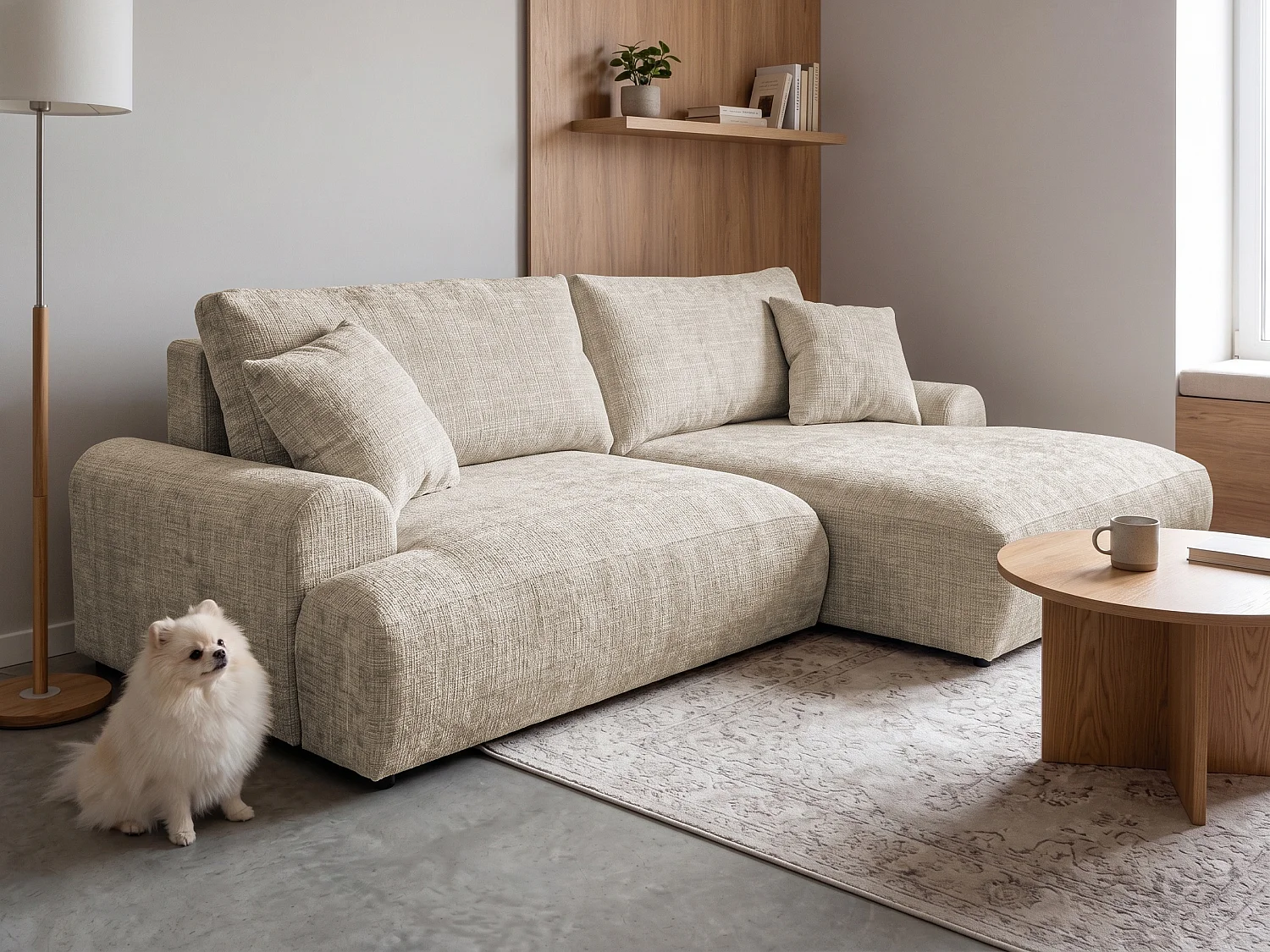 Élégant canapé d’angle avec fonction couchage et coffre de rangement, au style Japandi, en tissu chenille doux MELVANO