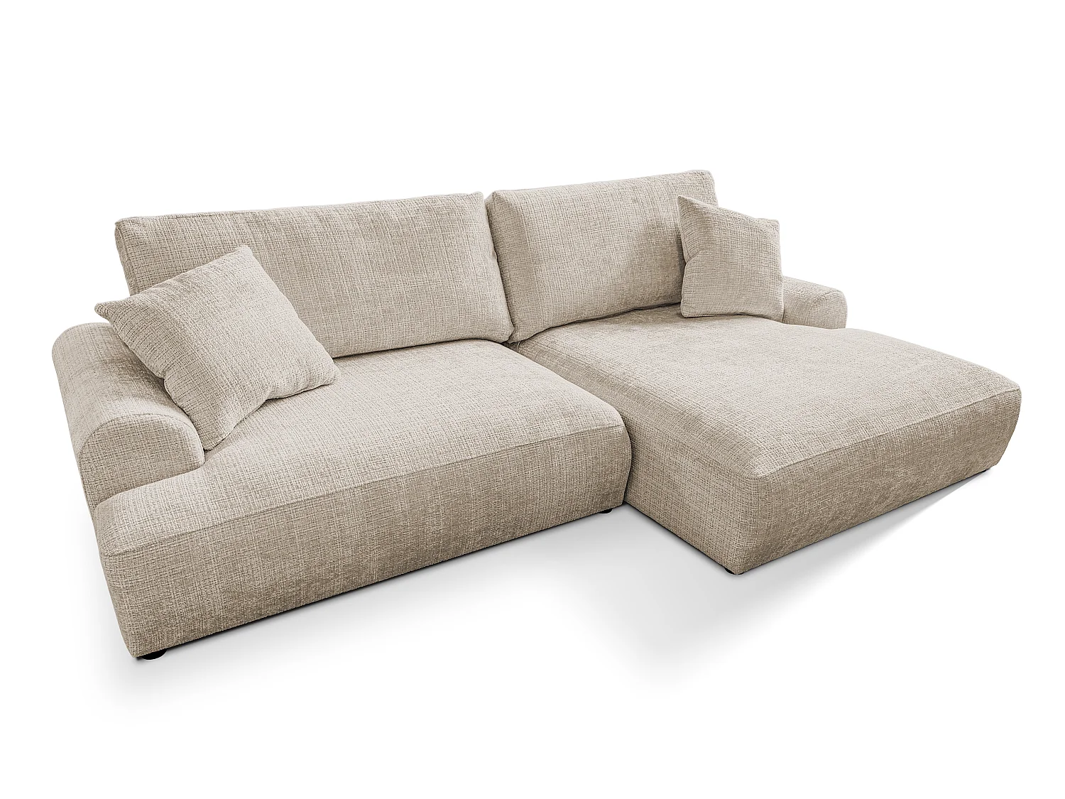 Élégant canapé d’angle avec fonction couchage et coffre de rangement, au style Japandi, en tissu chenille doux MELVANO