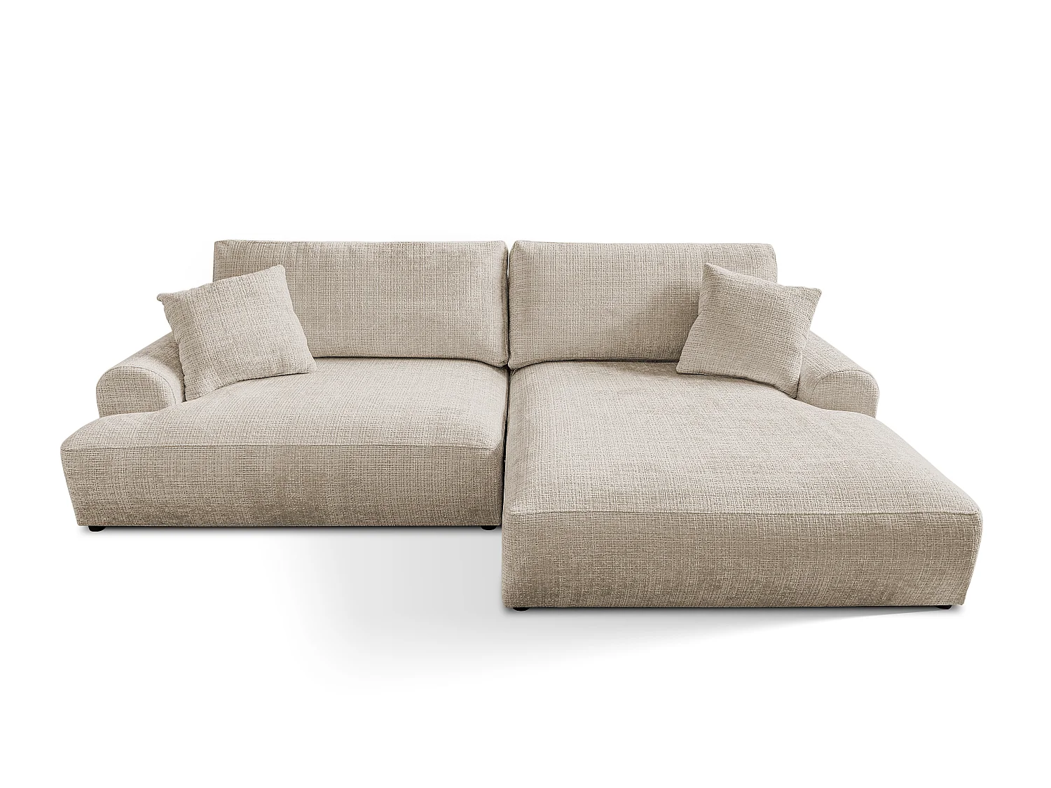 Élégant canapé d’angle avec fonction couchage et coffre de rangement, au style Japandi, en tissu chenille doux MELVANO