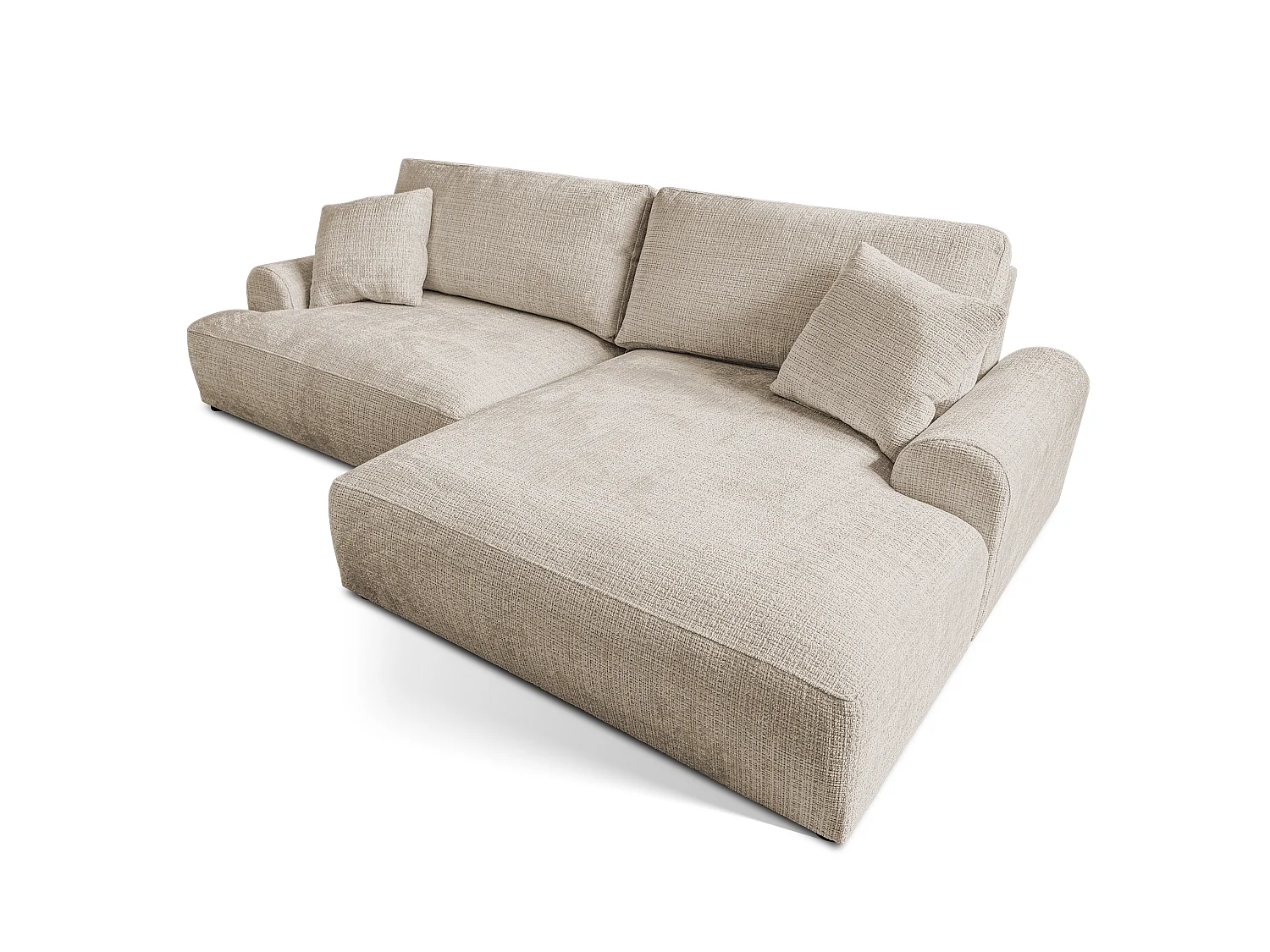 Élégant canapé d’angle avec fonction couchage et coffre de rangement, au style Japandi, en tissu chenille doux MELVANO
