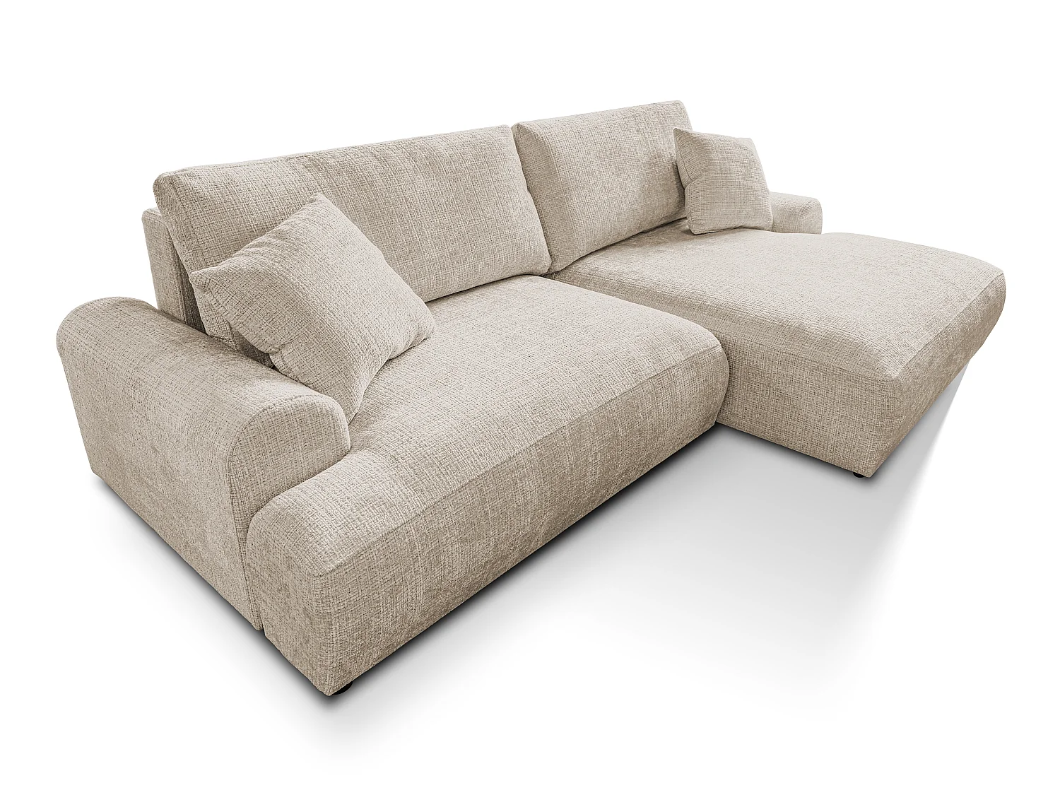 Élégant canapé d’angle avec fonction couchage et coffre de rangement, au style Japandi, en tissu chenille doux MELVANO