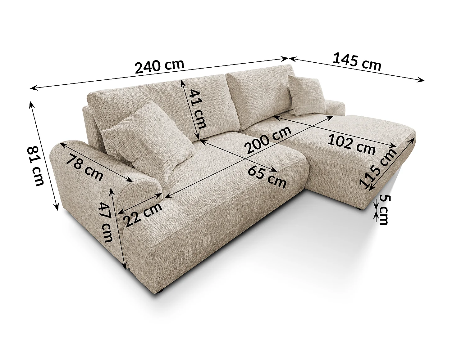Élégant canapé d’angle avec fonction couchage et coffre de rangement, au style Japandi, en tissu chenille doux MELVANO