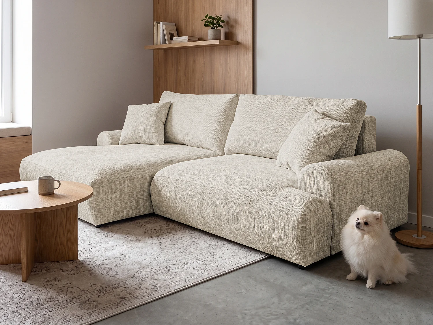 Élégant canapé d’angle avec fonction couchage et coffre de rangement, au style Japandi, en tissu chenille doux MELVANO