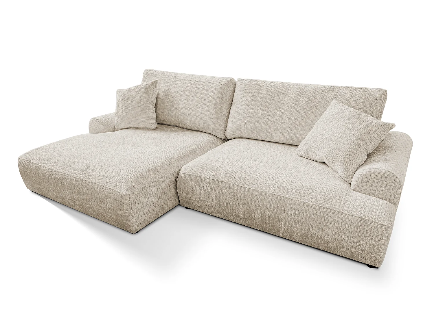 Élégant canapé d’angle avec fonction couchage et coffre de rangement, au style Japandi, en tissu chenille doux MELVANO