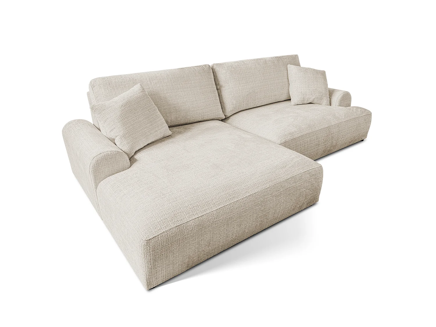 Élégant canapé d’angle avec fonction couchage et coffre de rangement, au style Japandi, en tissu chenille doux MELVANO