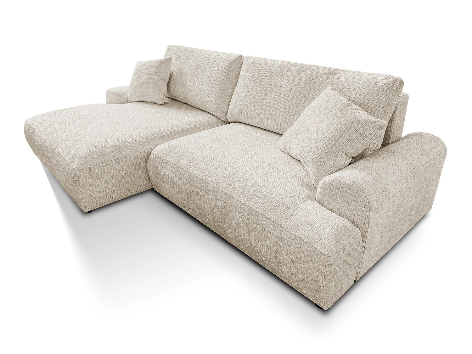 Élégant canapé d’angle avec fonction couchage et coffre de rangement, au style Japandi, en tissu chenille doux MELVANO