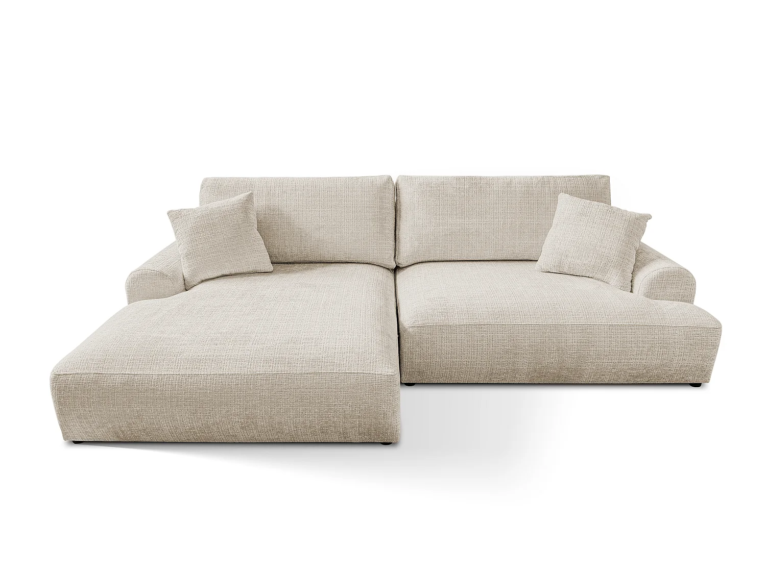 Élégant canapé d’angle avec fonction couchage et coffre de rangement, au style Japandi, en tissu chenille doux MELVANO
