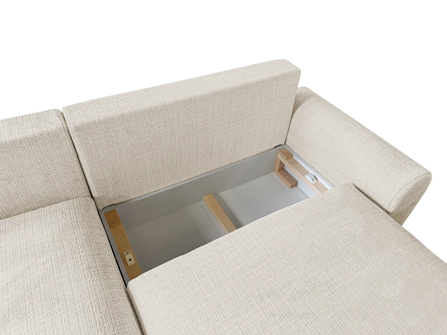 Élégant canapé d’angle avec fonction couchage et coffre de rangement, au style Japandi, en tissu chenille doux MELVANO