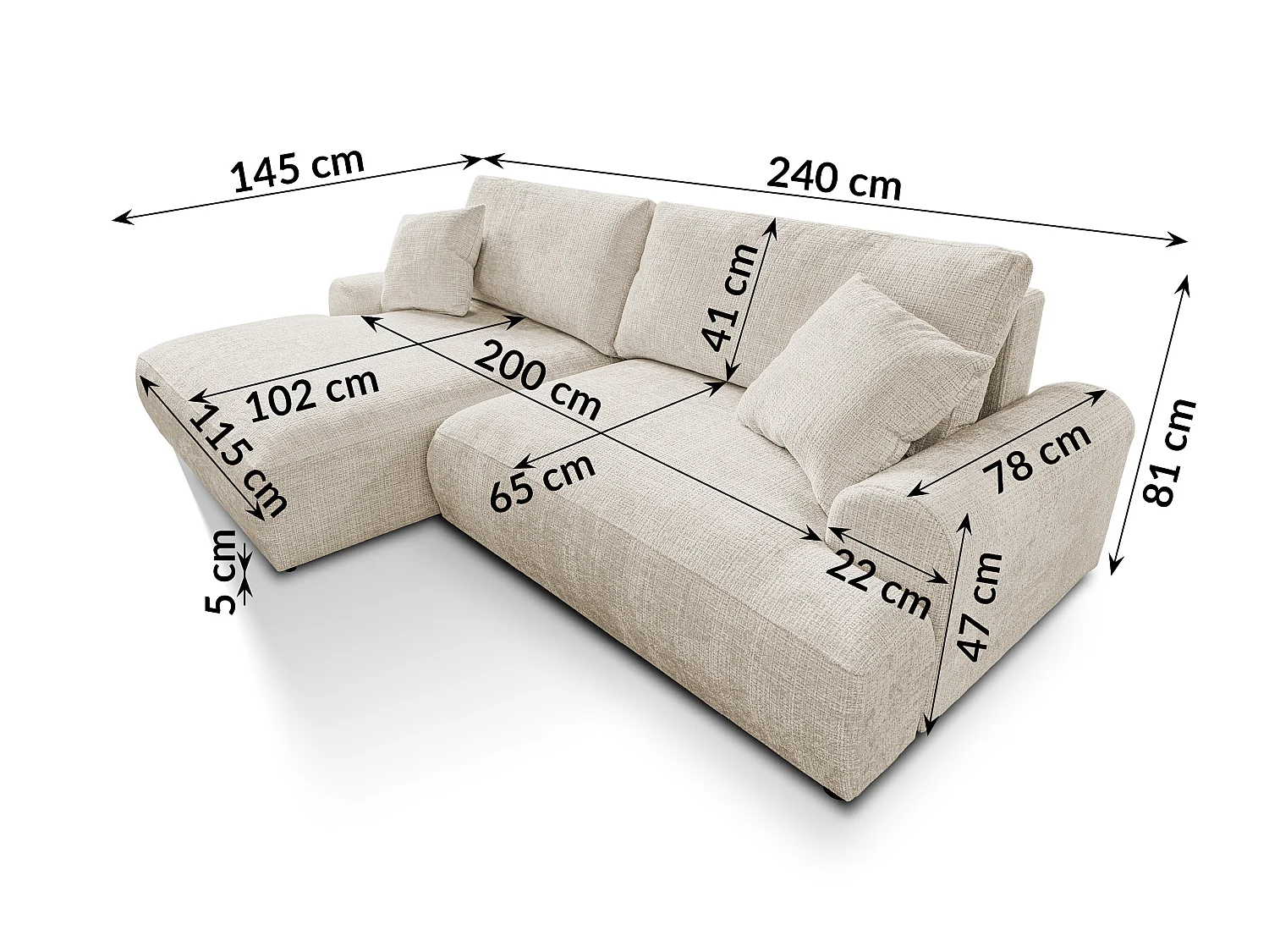 Élégant canapé d’angle avec fonction couchage et coffre de rangement, au style Japandi, en tissu chenille doux MELVANO