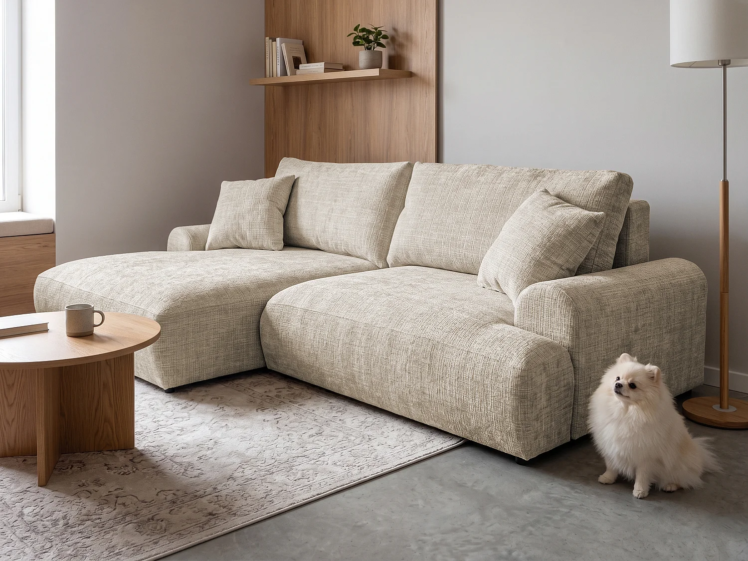 Élégant canapé d’angle avec fonction couchage et coffre de rangement, au style Japandi, en tissu chenille doux MELVANO