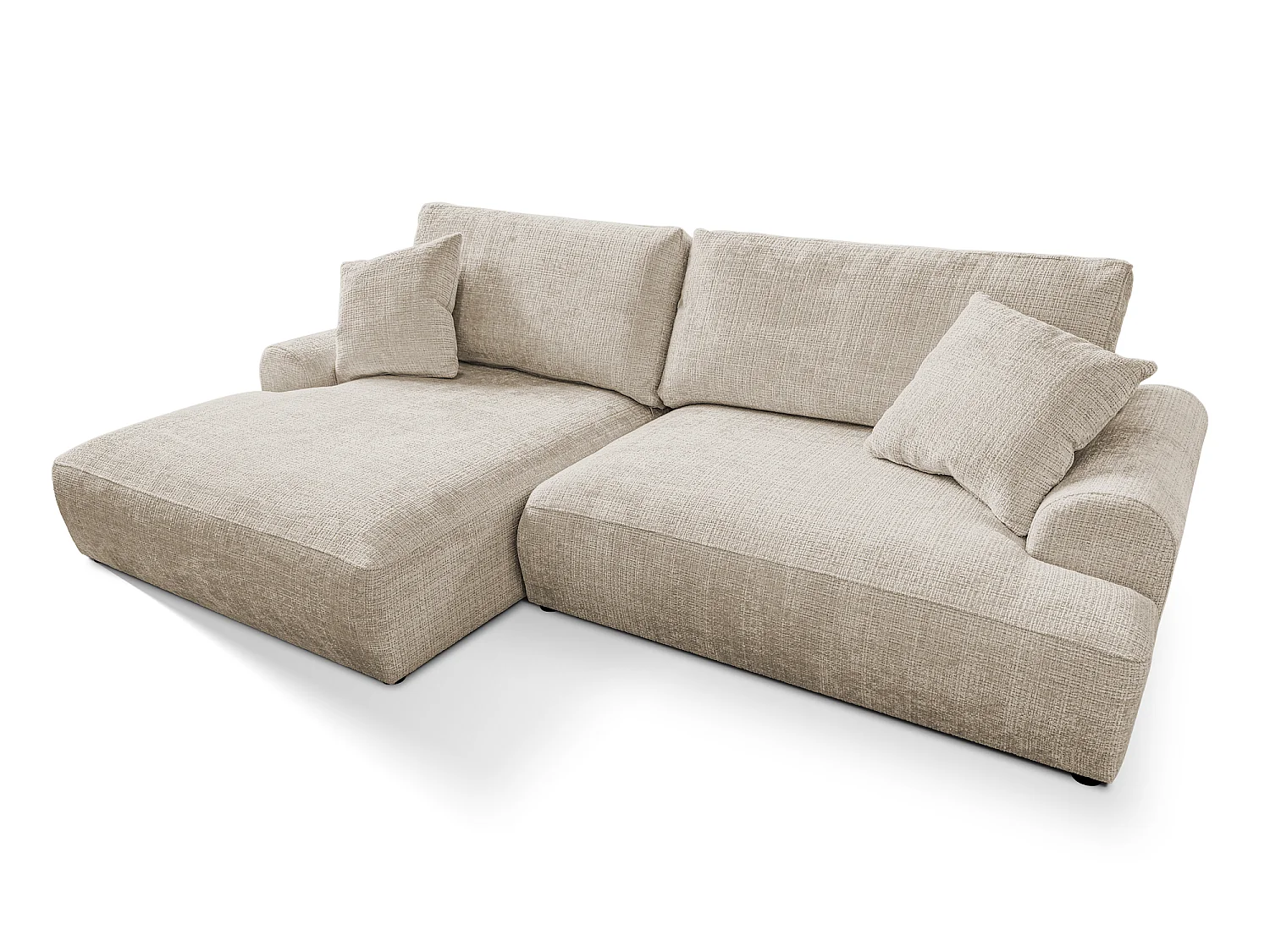 Élégant canapé d’angle avec fonction couchage et coffre de rangement, au style Japandi, en tissu chenille doux MELVANO
